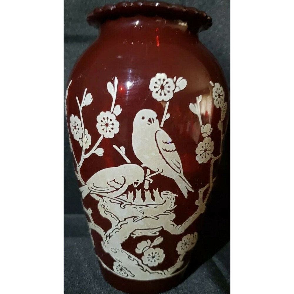 Vintage Art Deco Anchor Hocking Ruby Red Glass Vase Birds and Blossoms 1940s
